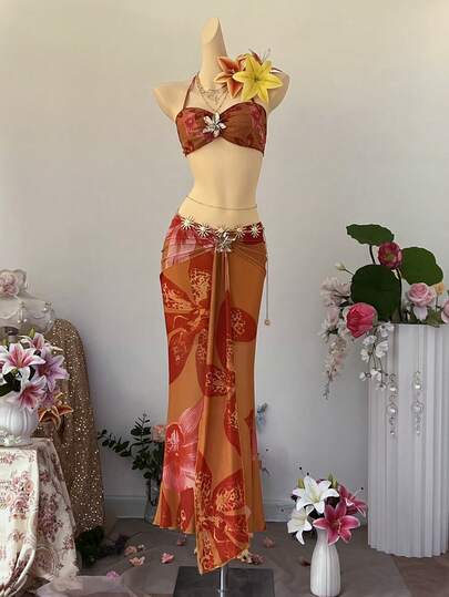 SuriyaCove Women's Beach Vacation Floral Print Metal Decor Fish Tail Hem Fitted Skirt