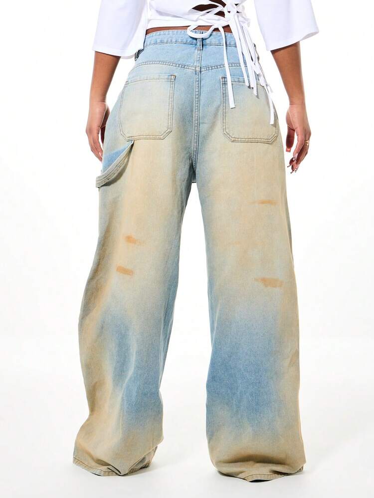 SUMWON Calça Denim Feminina Vintage com Perna Larga Desgastada, Detalhe de Renda Macramê com Amarração Lateral, Joelho Rasgado, Bolsos Emendados, Lavagem Vintage