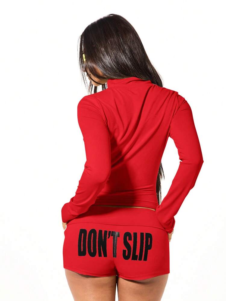 SUMWON WOMEN Zip Through Funnel Neck Don't Slip Text Print Long Sleeve Red Fitted Casual Sweatshirt
