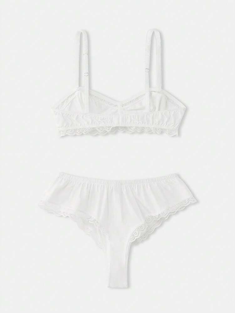 Vintage White Lingerie Set With Gathered Bralette And Bloomer Style Panties Featuring Delicate Lace Trim Romantic Feminine French Style Parisian Style