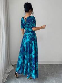 Modelyn Women's Elegant Tie Dye Floral Print Long Knit Dress - Aqua Blue - View 2