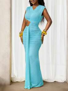 BamGleam Women's Vacation Knit Hollow Asymmetric Neck Dress - Blue - View 3