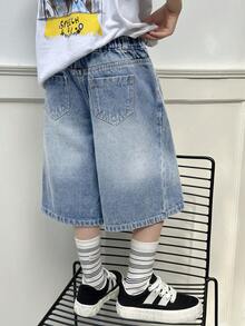 SHEIN 2026春夏新款少女休闲校园街头风浅蓝色多色牛仔骑行短裤，大码女童弹力腰阔腿宽松直筒中长裤，春夏百搭品牌工装裤连体裤 - 淺色水洗藍 - 查看 3