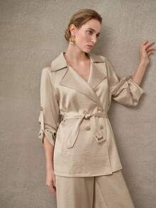 MOTF PREMIUM ELEGANT MINIMALIST SATIN WINDBREAKER BELTED COAT, SPRING/SUMMER - Khaki - View 4