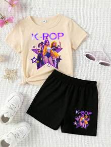 女童可爱卡通印花短袖T恤套装 - 彩色 - 查看 5