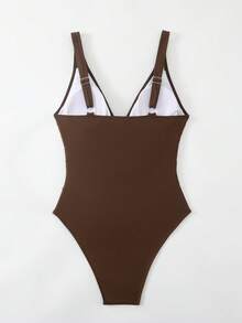 Swim Lushoire 女士秋季新款棕色吊带印花黑色网纱连体泳衣，性感优雅度假简约派对圣诞连体泳衣 - 棕色 - 查看 2