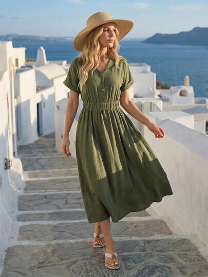 EMERY ROSE 女士纯色简约休闲短袖中长连衣裙