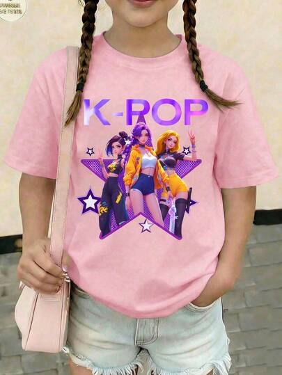 Tween Girls' Oversized Cartoon Graphic Round Neck Short Sleeve T-Shirt