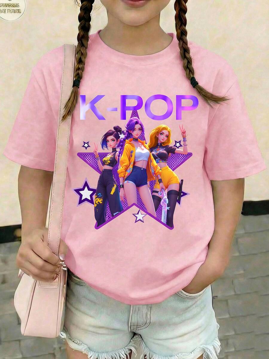Tween Girls' Oversized Cartoon Graphic Round Neck Short Sleeve T-Shirt - Pink - View 1