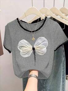 女士休闲印花短袖圆领T恤 - 灰色 - 查看 4