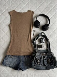 Áo tank top nữ mùa hè mới, kiểu dáng vintage Mỹ, in họa tiết, ôm dáng, cổ tròn, phong cách punk. - Cà phê nâu - Xem 2
