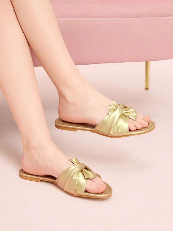 CUCCOO DOLLMOD Ladies Yellow And Gold Comfortable Flat Sandals, Sweet Style Bow-Soled Sandals Spring Shoes