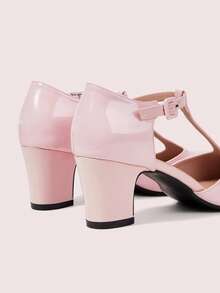 CUCCOO DOLLMOD 女士圆头粉色漆皮T字形玛丽珍鞋，学院风下午茶休闲粗跟高跟鞋 - 粉色 - 查看 9