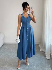 Rafferiza 女士夏季蓝色泡泡纱无袖中长连衣裙，饰有金属扣环 - 藍色 - 查看 6