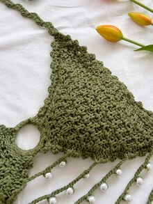 Soleia 新款春夏度假风V领无袖背心，珍珠链露背针织设计，适合海滩、波西米亚风、度假、复古、假日等场合。 - 軍綠色 - 查看 6