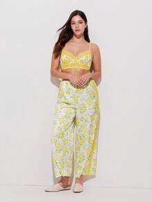 LUVLETTE Women's Soft Yellow Lemon Pattern Sleep Set Light - Sleeveless Camisole & Wide-Leg Pants Print Pajama Set Pyjama - Yellow - View 12