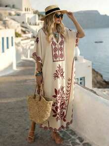 SHEIN Holidaya Đầm nữ dáng rộng, cổ chữ V sâu, tay cánh dơi, thích hợp cho kỳ nghỉ, phong cách thường ngày. - Màu be - Xem 4