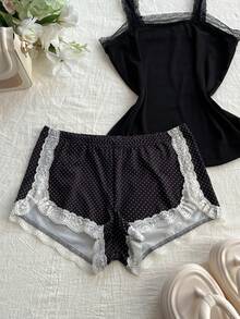 SHEIN Unity Women's Vintage Elegant Polka Dot Print Contrast Lace Shorts, Summer Sexy Shorts For Women Bum Shorts For Ladies - Black - View 5