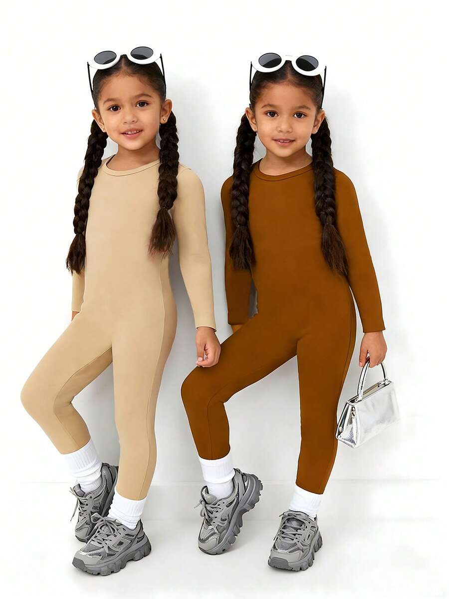 SHEIN 2pcs/Set Girls' Autumn/Winter Snug Fit Warm Solid Color Jumpsuit, Soft Material Provides Comfortable Wear, Solid Color, Suitable For Home Wear, Fit For Spring, Autumn And Winter - Multicolor - View 1