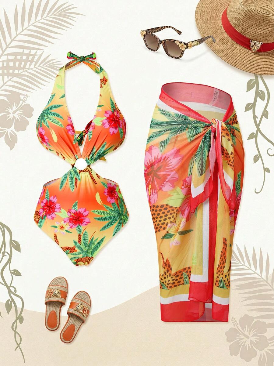 Swim Oasis Costum de baie dintr-o singură piesă, cu imprimeu floral tropical și leopard, portocaliu, model hawaian, cu halter, și fustă sarong - Multicolor - Vizualizare 1