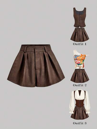 SHEIN MOD 女士复古棕色哑光纹理PU皮革褶皱短裤