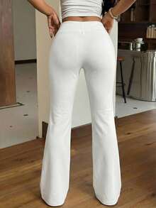 SHEIN EZwear 女士休闲运动抽绳喇叭裤，纯色，百搭日常通勤阔腿运动裤 白色沙滩裤 白色运动裤 喇叭运动裤 抽绳裤 喇叭运动裤 白色运动裤 白色裤子 抽绳运动裤 女士抽绳裤 女士夏季裤 女士运动裤 女士慢跑裤 阔腿裤 女士高腰 - 白色 - 查看 2