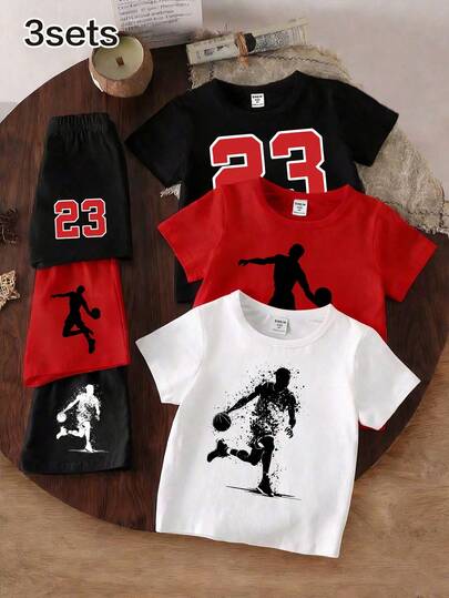 SHEIN 6pcs/Set Spring & Summer Casual Fashionable Creative Personality Refreshing Minimalist Number 23 Basketball Player Silhouette Graphic Print Short T-Shirt & Shorts Outfit, Comfortable Daily Wear For Toddler Boys