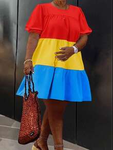 Slaydiva 春夏新品，适合音乐节、复活节、圣帕特里克节、西部风、游牧风、生日派对、毕业典礼、学生装、日常休闲、百搭基础款、休闲度假、邮轮旅行、海滩、日光浴、爆款大码、度假休闲风、纯色条纹拼接、荷叶边下摆宽松短袖A字迷你连衣裙，多色可选 - 彩色 - 查看 3