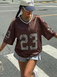 Muchica 棕色网眼V领宽松印花女式T恤 - 棕色 - 查看 4