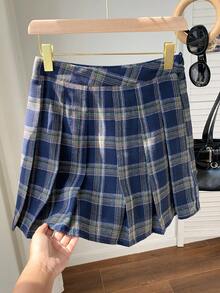 SHEIN EZwear 蓝色格子百褶中长裙，女士休闲纽扣百褶拉链迷你修身自然多色格子裙，非常适合春夏日常休闲穿着。 - 藍色 - 查看 4