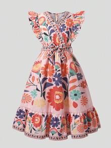 Tween Girls Colorful Floral Print V-Neck Dress - Pink - View 3