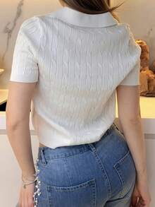 Katetique Casual Solid Color Polo Neck Short Sleeve Twist Knit Sweater - White - View 2