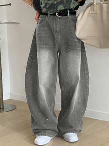 FRIFUL Women's Pocketed Wide Leg Loose Casual Versatile Jeans - Grey - View 6