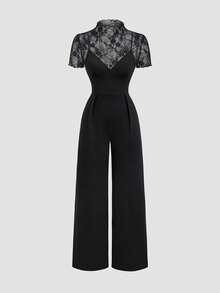 Sweetra Y2K Sexy Sheer Versatile Commute & Vacation Elegant Lace Wide Leg Pants 2 Pieces Set - Black - View 1