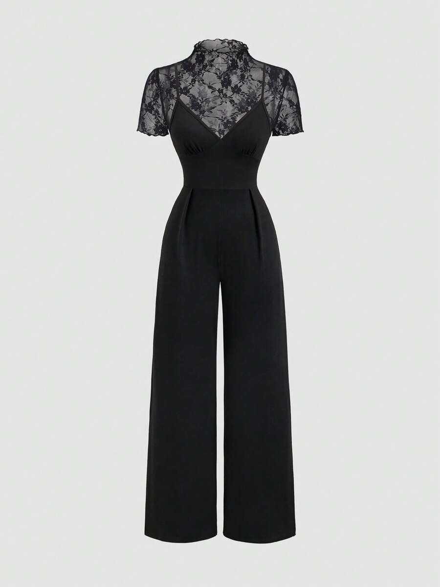 Sweetra Y2K Sexy Sheer Versatile Commute & Vacation Elegant Lace Wide Leg Pants 2 Pieces Set - Black - View 1