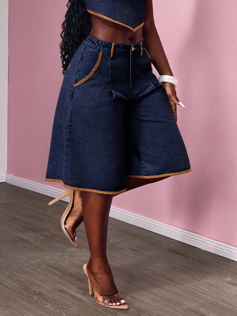 Slaydiva Women's Denim Wide Leg Capri Pants - Blue - View 1