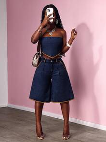 Slaydiva Women's Denim Wide Leg Capri Pants - Blue - View 6