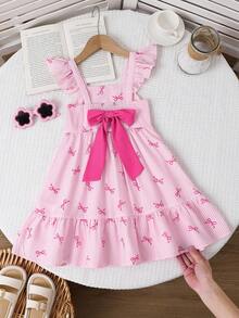 Emery Rose Kids 女童方领短袖荷叶边条纹蝴蝶结装饰夏季连衣裙 - 彩色 - 查看 4
