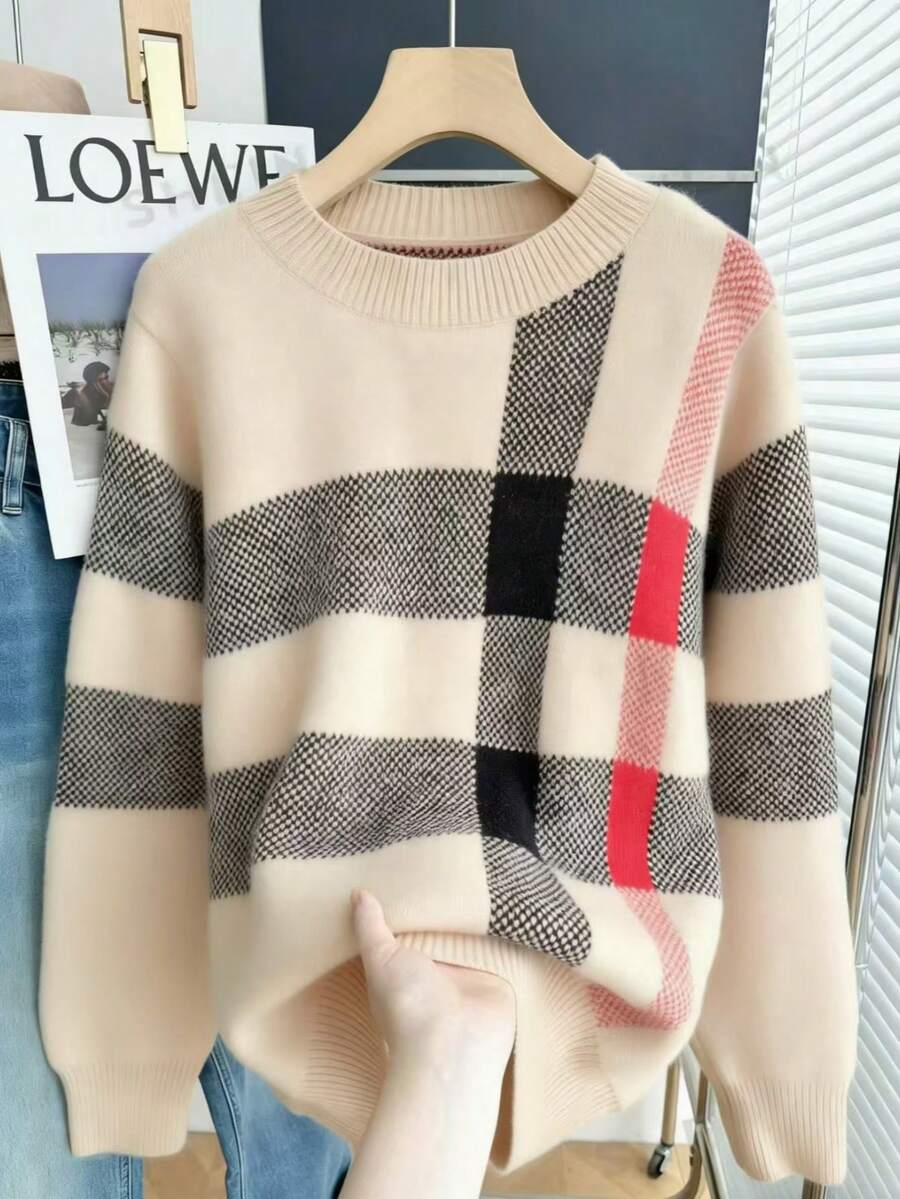 Resyla Áo len nữ dài tay cổ tròn tối giản phối màu tương phản - Màu be - Xem 1