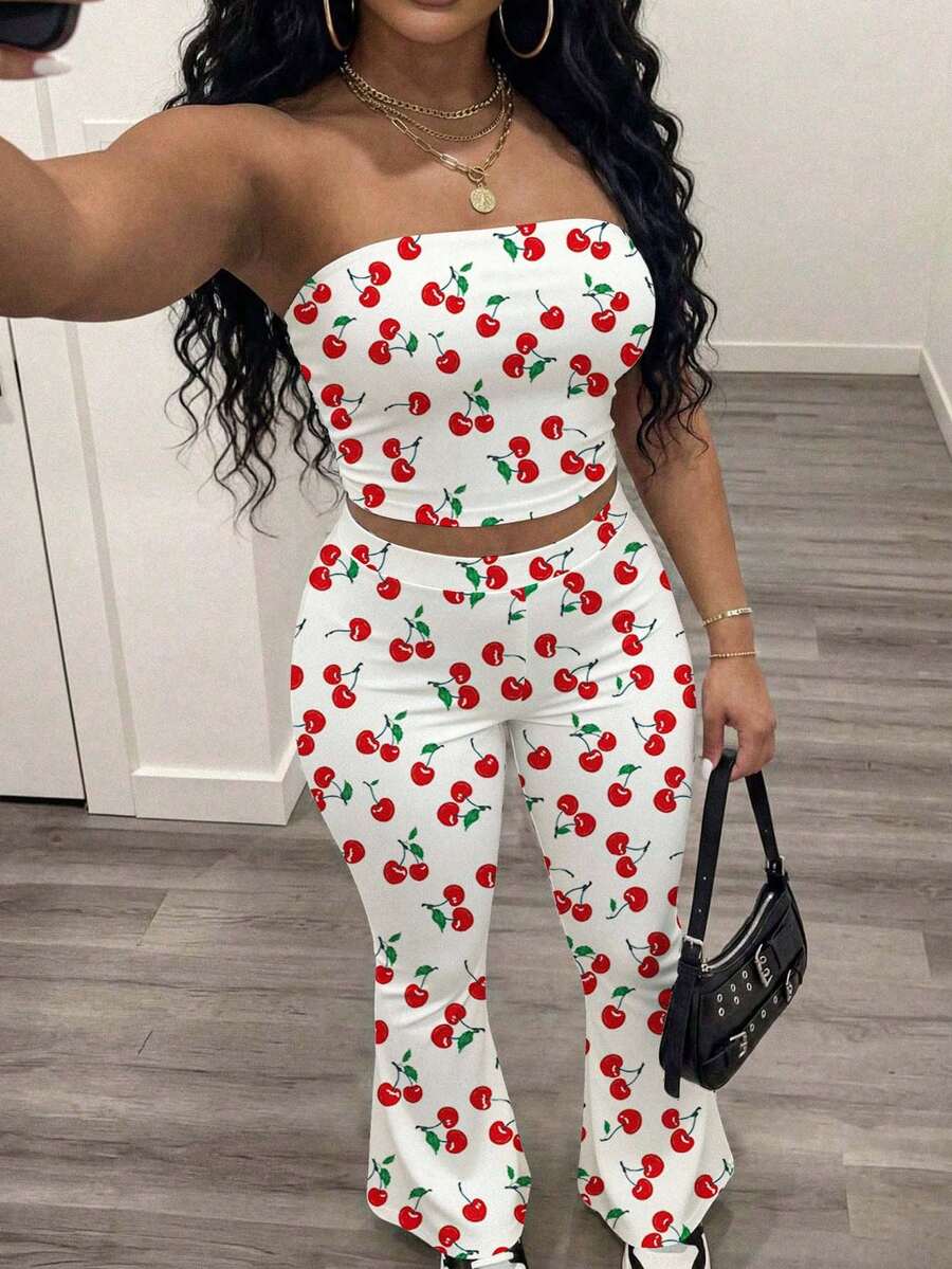 Slaydiva 两件套休闲简约抹胸上衣和修身裤套装，适合夏季穿着 - 彩色 - 查看 1