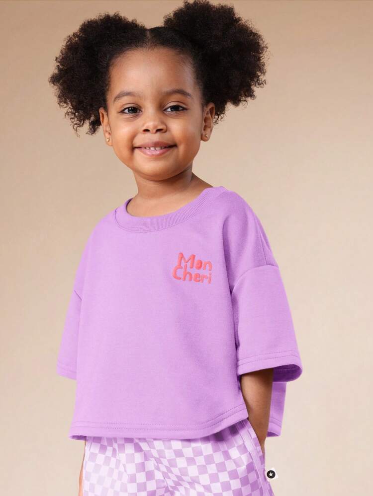 Ensemble coordonné décontracté deux pièces pour filles, haut et pantalon, motif damier cerise Mon Chéri, pour l'été et le printemps