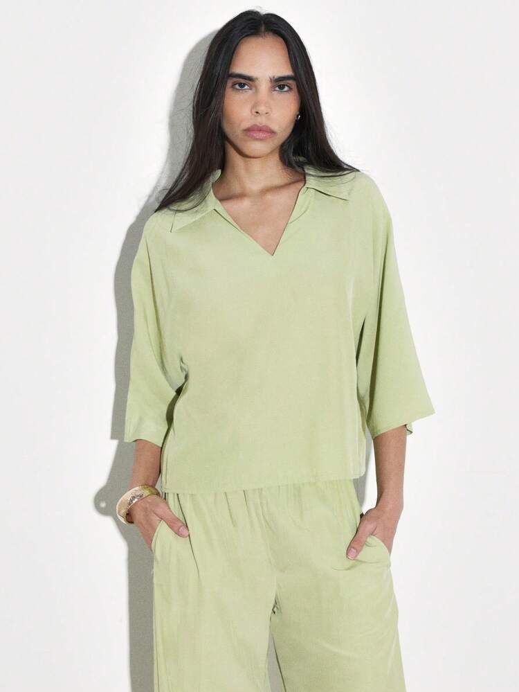 KSTM Sage Green Oversized Polo Blouse With V-Neck Collar Three Quarter Sleeves Relaxed Fit Women's Casual Spring Summer Top