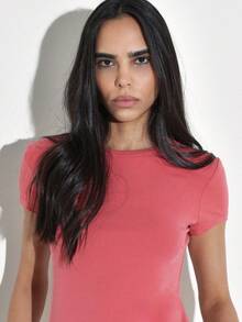 KSTM Women's Coral Pink Short Sleeve Fitted T-Shirt Casual Everyday Basic Top Crew Neck Regular Length Style - Redwood - View 5