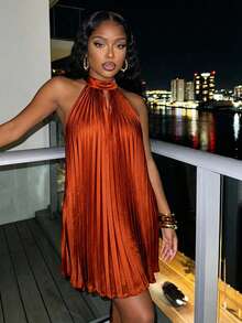 Slaydiva 早春新款，春夏音乐节，情人节，复活节，波西米亚风，游牧风，休闲，简约基础款，邮轮派对，生日派对，日常约会，休闲度假，优雅通勤，吊带，前片，镂空露背大褶裙，褶裙，迷你裙，橙色连衣裙，亮面面料，女士迷你连衣裙 -A - 鏽棕色 - 查看 5