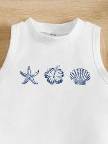 SHEIN 白色芙蓉花、海星、贝壳印花休闲卡通图案无袖圆领背心，适合海滩、度假、休闲场合。 - 白色 - 查看 4