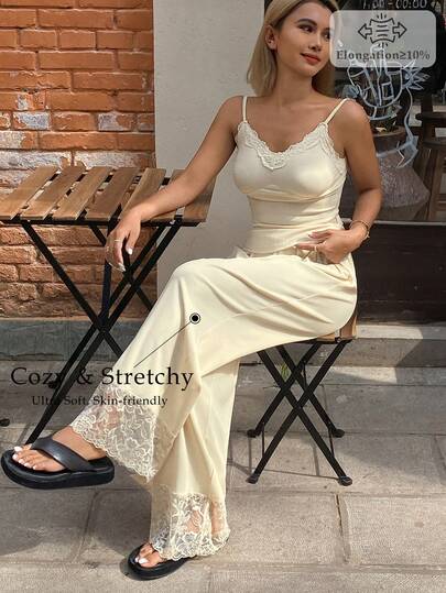 DAZY 女士夏季两件套蕾丝拼接无袖吊带背心和宽松直筒长裤睡衣套装