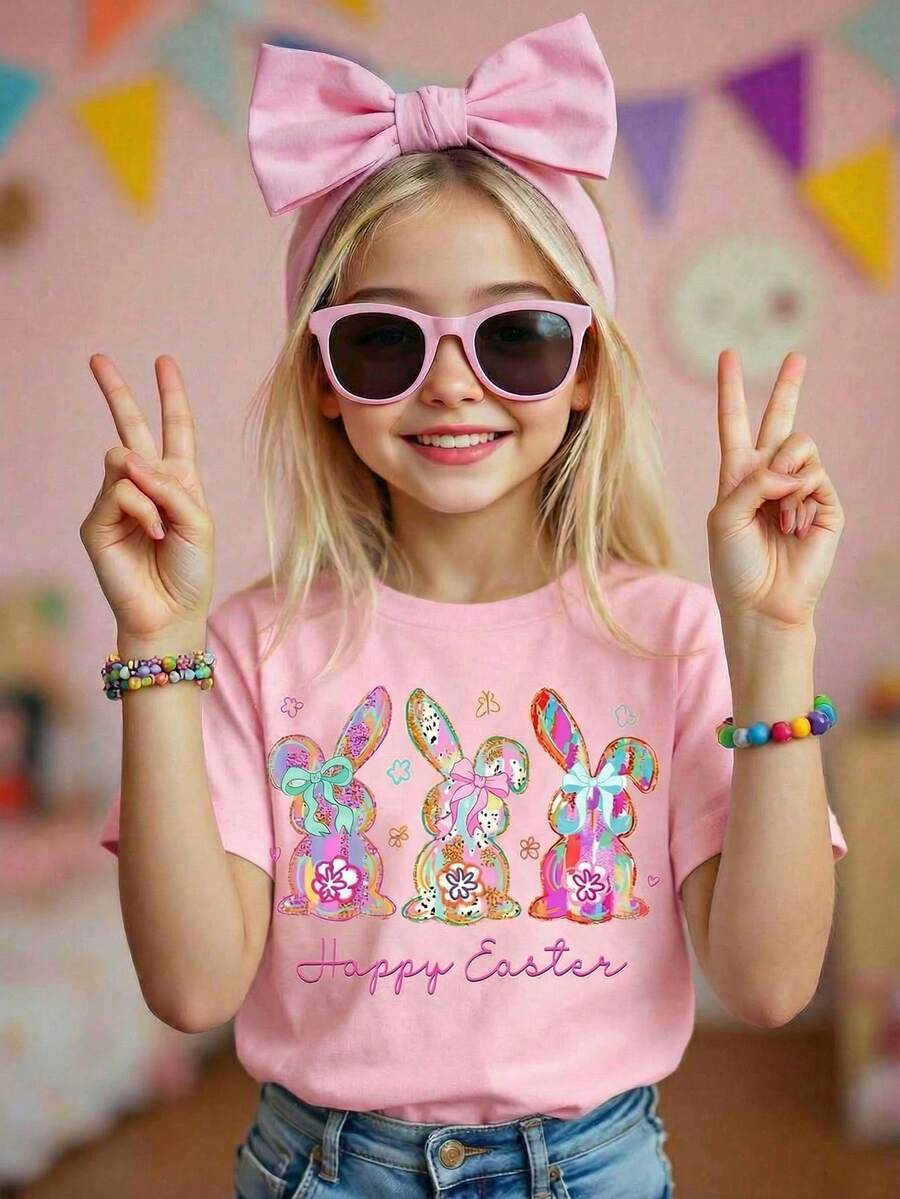 Young Girls' Minimalist Printed Round Neck Basic Short Sleeve T-Shirt - Pink - View 1