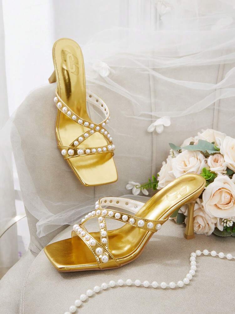 CUCCOO HITCHD Women Shoes Summer Summer Faux Pearl Cross Strap Decorative Square Heel Slip-On 8.5cm Women's High Heel Sandals Elegant Solid Color Women's Shoes Daily Party Dating Wear Wedding Shoes Summer Shoes Bride Shoes