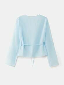 lacRébo Sky Blue Sheer Embroidered Organza Blouse With Button Front And Tie Waist Romantic Spring Summer Style French Style Parisian Style - Baby Blue - View 8