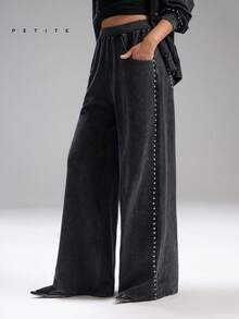 LYSMO Petite 女士灰色休闲水洗水钻装饰阔腿运动裤，女士运动休闲裤，女士运动休闲裤，女士健身夏季裤，女士春假外出裤，街头服饰 - 深灰色 - 查看 5